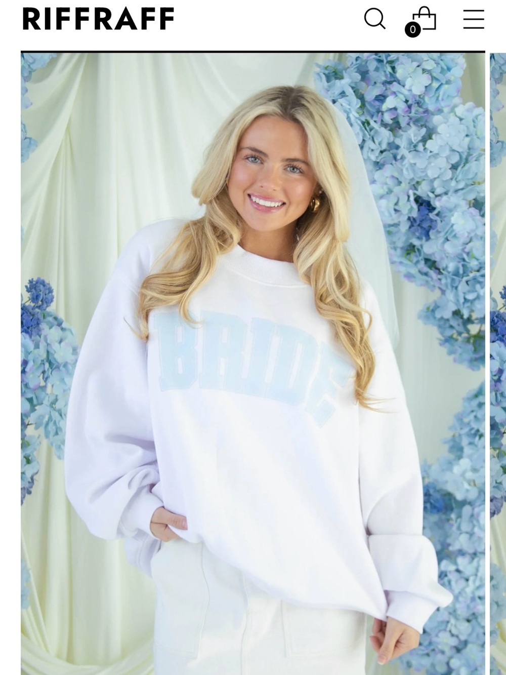 Riffraff White Crewneck Sweatshirt with Light Blue "BRIDE" Graphic
